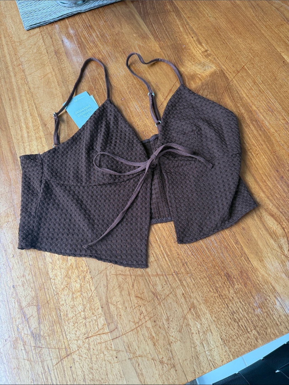 Divided Brown Tie-Front Textured Cami